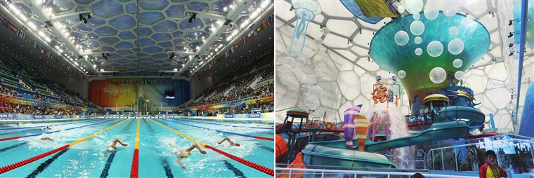 Peking's Water Cube in action during the 2008 Games (left) and as it is now, re-imagined as a water park. 
