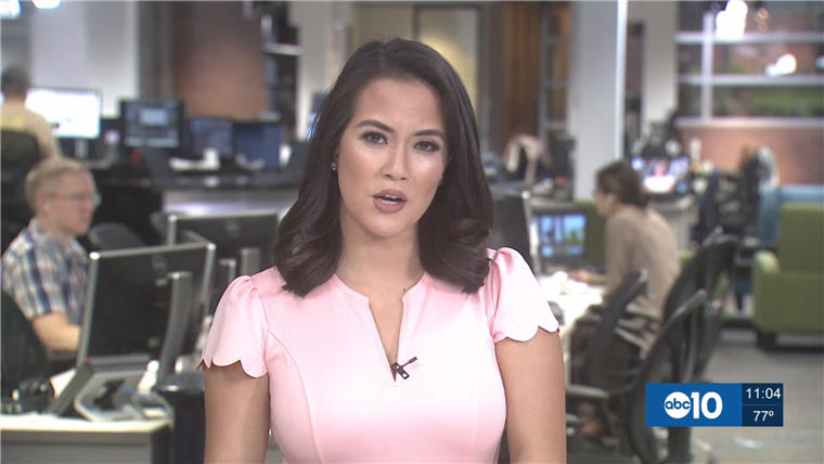 Frances Wang, an ABC 10 anchor based in Sacramento, California, seen wearing the Sidefeel scallop pleated dress in pink.