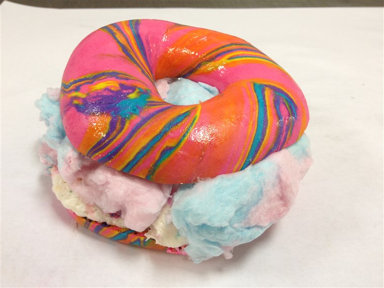 Szivárvány Bagel with Rainbow Sprinkle Cake Cream Cheese and Cotton Candy from Brooklyn's The Bagel Store